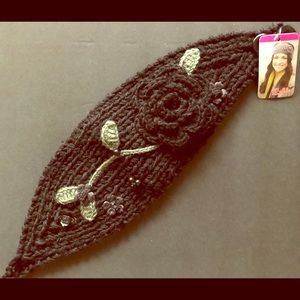 Black Olive Rose Stretchy Button Knitted Headwrap